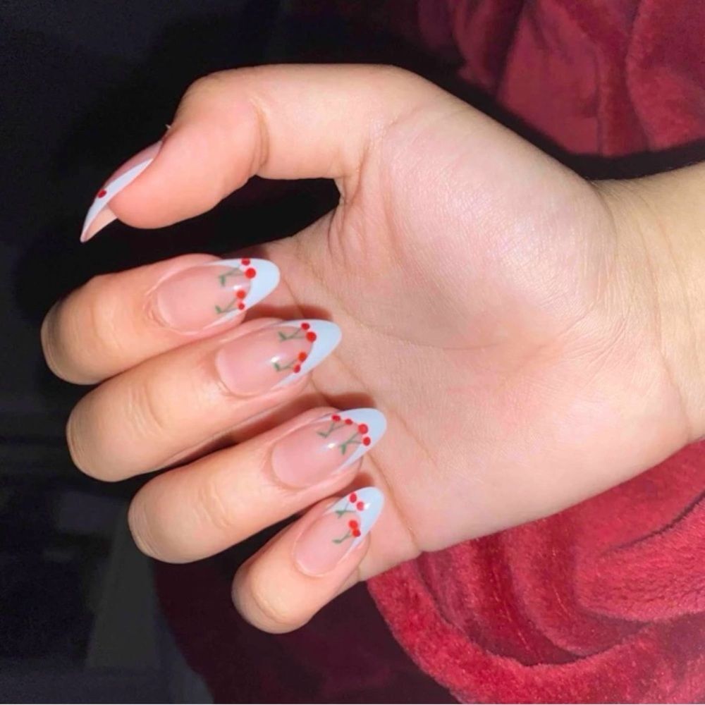 Whimsy Kawaii Cottagecore 24 Piece Cherry French Tip Almond Shape Nails - Picture 9 of 11